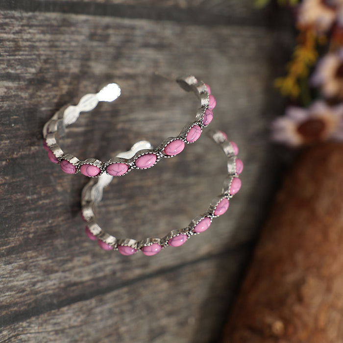 Wholesale New round pink turquoise C-shaped alloy earrings with retro style