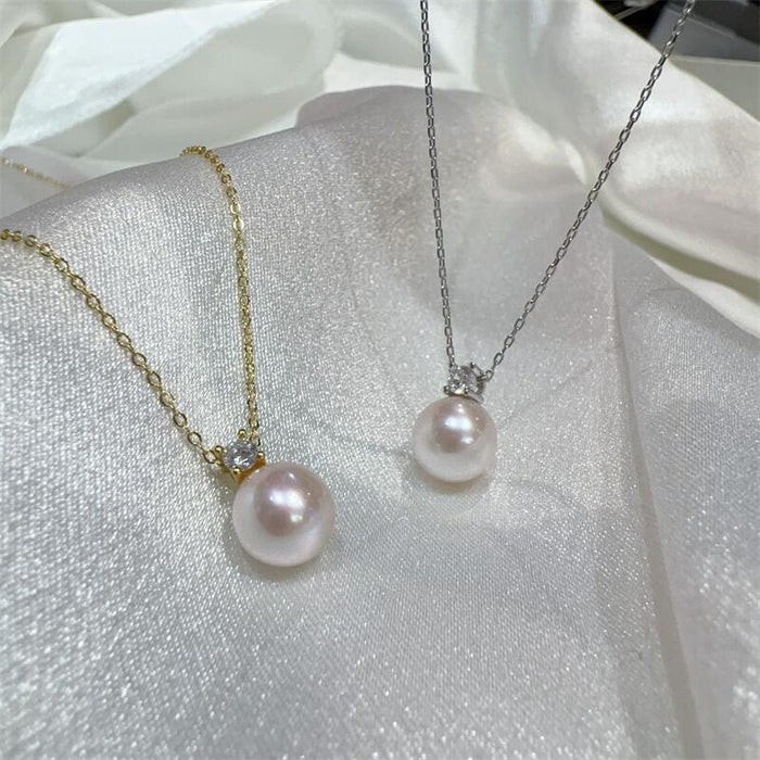 Wholesale   Pearl Necklace  Freshwater Sealless Pearl Round Bead  Pendant S925 Sterling Silver Premium Delicate Necklace
