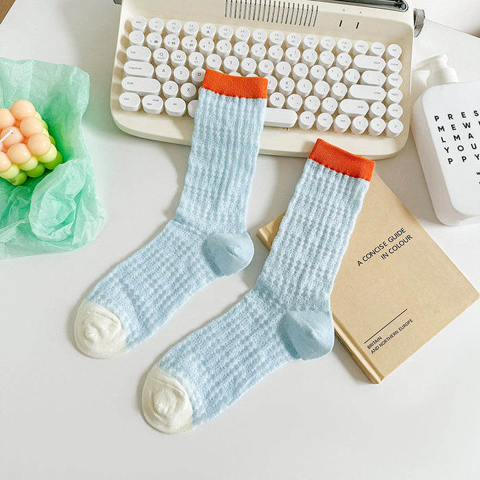 Wholesale Thin mesh breathable mid tube socks with trendy contrasting colors, long tube pile socks