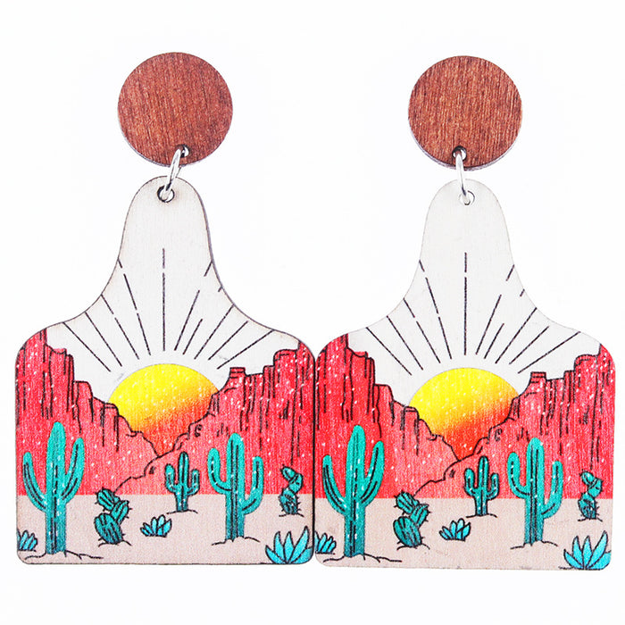 Wholesale Western Old Style Cow Sunflower Leopard Print Leather Bottle Shape Wooden Disc Splicing Earrings