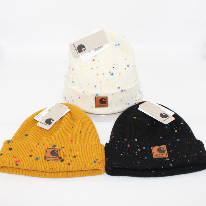 Wholesale Autumn and Winter Spray-painted Hole Leather Label Double-layer Warm Wool Ear Hat JDC-FH-QingCL010