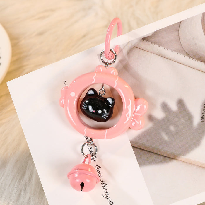 Wholesale Cartoon Cat Eating Fish 3D Keychain With Bell Blue Plastic Key Ring Fashion Bag Charm Accessory