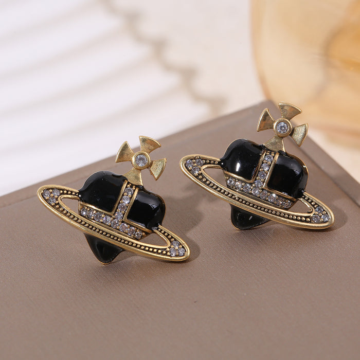Wholesale Three-color oil-drop heart Saturn micro-inlaid zircon earrings