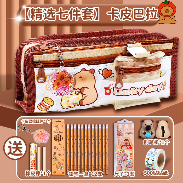 Wholesale Canvas Pencil Case for Girls Large Capacity Double Layer Casual School Gift
