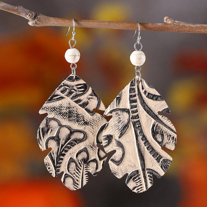 Wholesale Leather Bohemian Leaf Pattern Turquoise ing Earrings Boutique Resale Jewelry