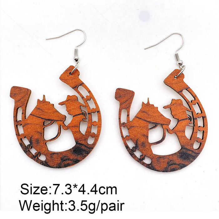 Wholesale Retro Wooden Earrings Western Denim Series Cowhead Sunflower Boho Earrings