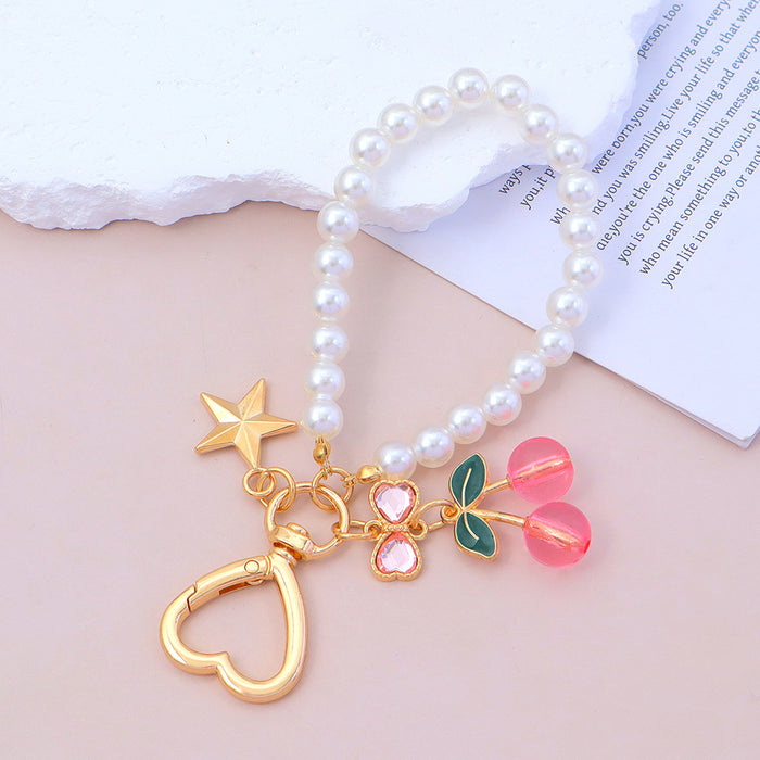 Wholesale Advanced Water Diamond Bow Cherry Keychain Pearl Chain Bag Pendant Car Hanging Accessories Versatile Accessories