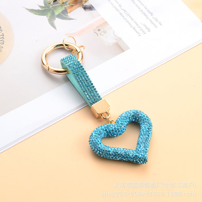 Wholesale Full rhinestone heart keychain with diamond cord hollow heart car pendant