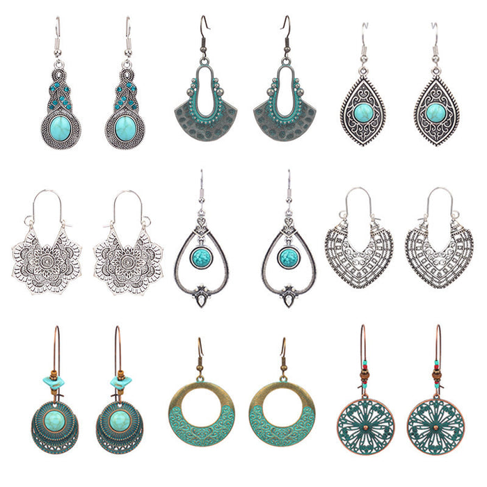 Wholesale Bohemian Turquoise Drop Earrings Alloy Electroplated Geometric Design MOQ≥2