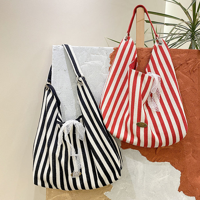 Wholesale Striped shoulder bag, cute embroidered canvas bag, simple letter commuting bag