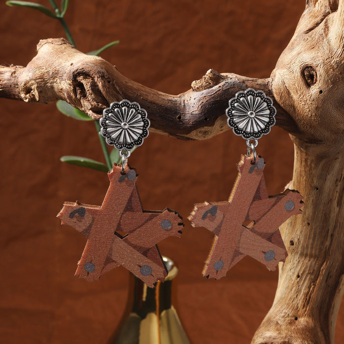 Wholesale Wooden Printing Retro Stars Oval Irregular Quadrilateral Earrings Personalized