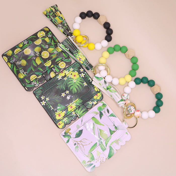 Wholesale silicone wrist bracelet silicone bead card holder plant printed PU ID card holder DIY beaded pendant