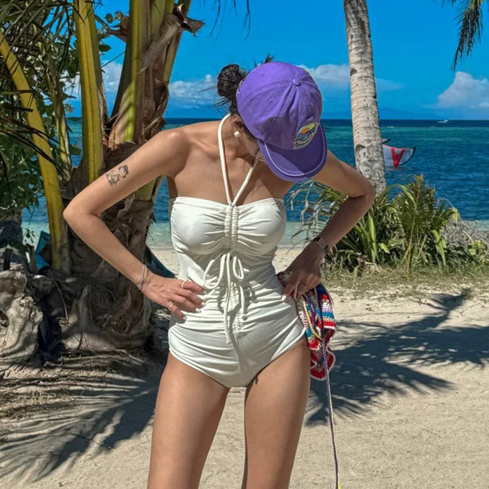 Wholesale Source factory one-piece swimsuit women's triangle simple solid color cover belly slim sexy tube top swimsuit