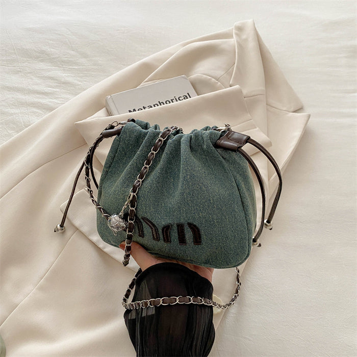 Wholesale Premium and niche canvas bag, chain crossbody bag, fashionable pleated bucket bag