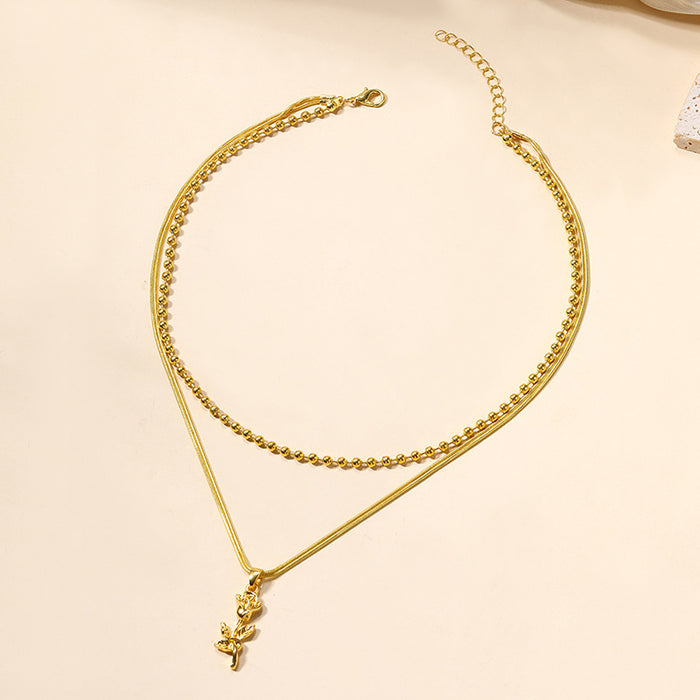 Wholesale Exaggerated jewelry, fashionable rose flower pendant, high-end feeling bead chain, two-layer necklace jewelry
