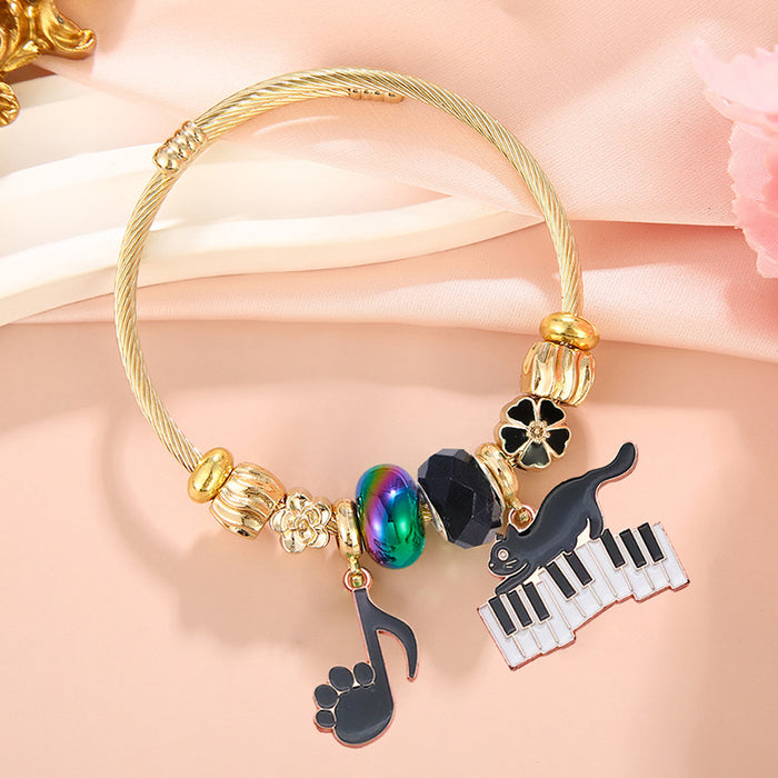 Wholesale Cute Cartoon Black Cat Pendant Stainless Steel Open Adjustable Bracelet Jewelry MOQ≥2 Accessory for Women