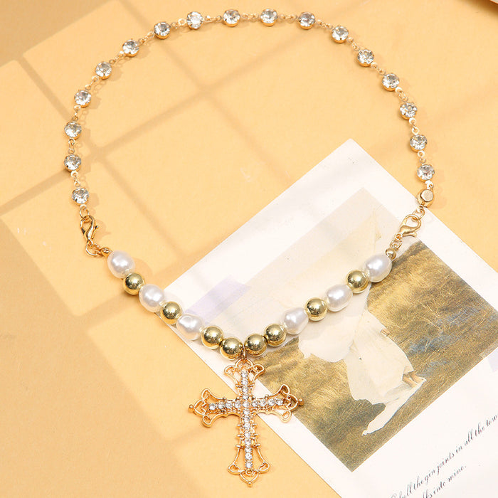 Wholesale Cross Pendant Vintage Pearl Alloy Necklace JDC-NE-ChaoK001