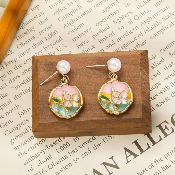 Wholesale Colored oil dripping flower earrings with a light luxury and high-end feel, fresh and fashionable temperament earrings