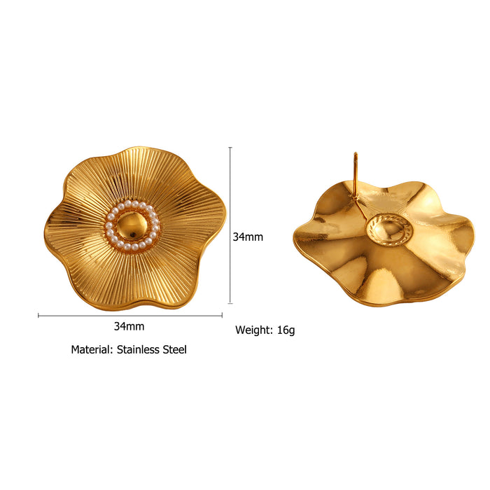 Wholesale Simple and fashionable stainless steel flower earrings with pearl inlay, popular retro flower earrings, color preservation wholesale