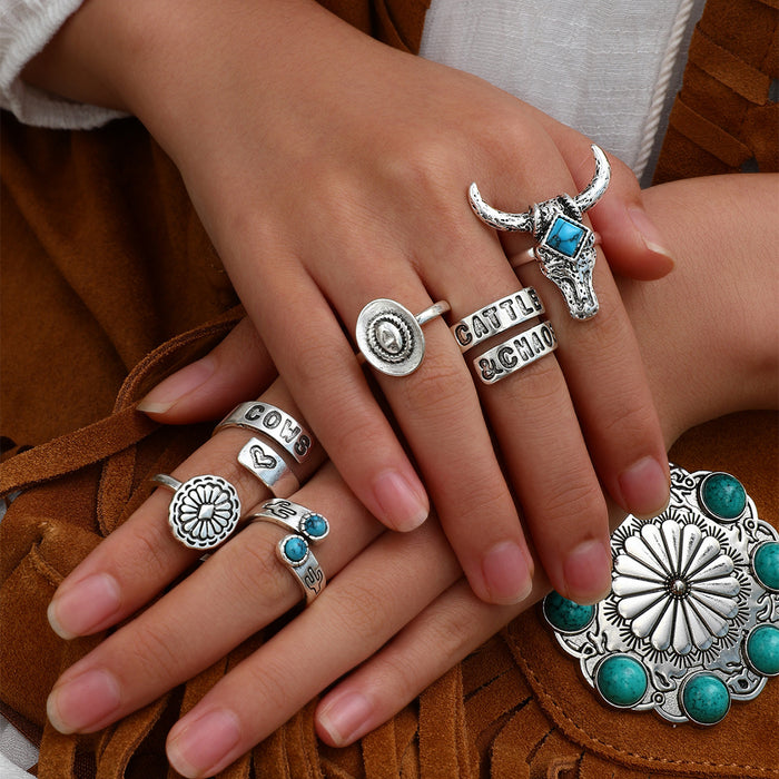 Wholesale bracelet Western Denim style retro turquoise cow head cactus multi-element fashion ring set