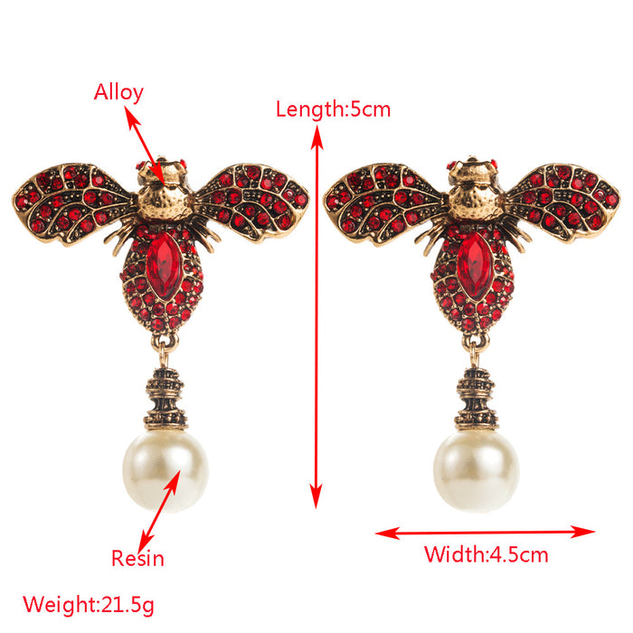Wholesale Vintage Bee Pearl Drop Earrings Alloy Electroplated Fashion Jewelry Accessory