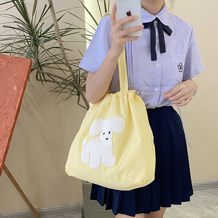 Wholesale New cute cartoon embroidered drawstring shoulder bag, fashionable and simple canvas bag, large capacity tote bag