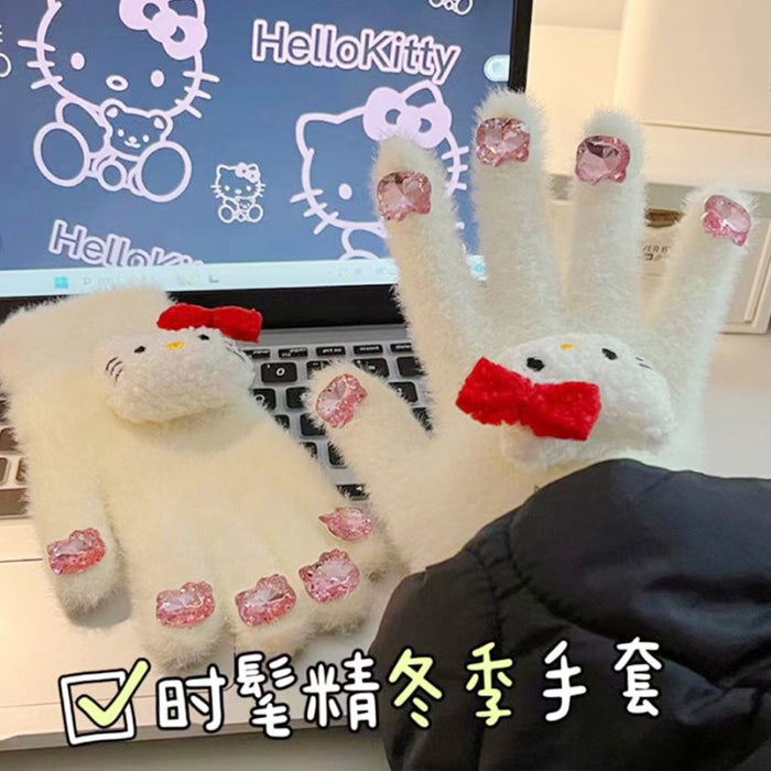 Wholesale Cute Cat Diamond Gloves Girls Winter Warm  Rhinestone Cycling Plush Wear Gloves
