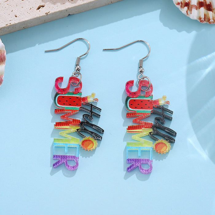 Wholesale Holiday Style Color Sun Watermelon Juice Acrylic Letter Pendant Earrings Beach Holiday Earrings