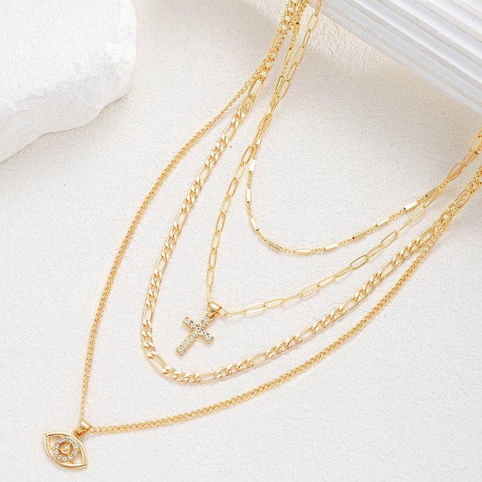 Wholesale Diamond studded Devil's Eye Cross Necklace Set, 4-piece Set