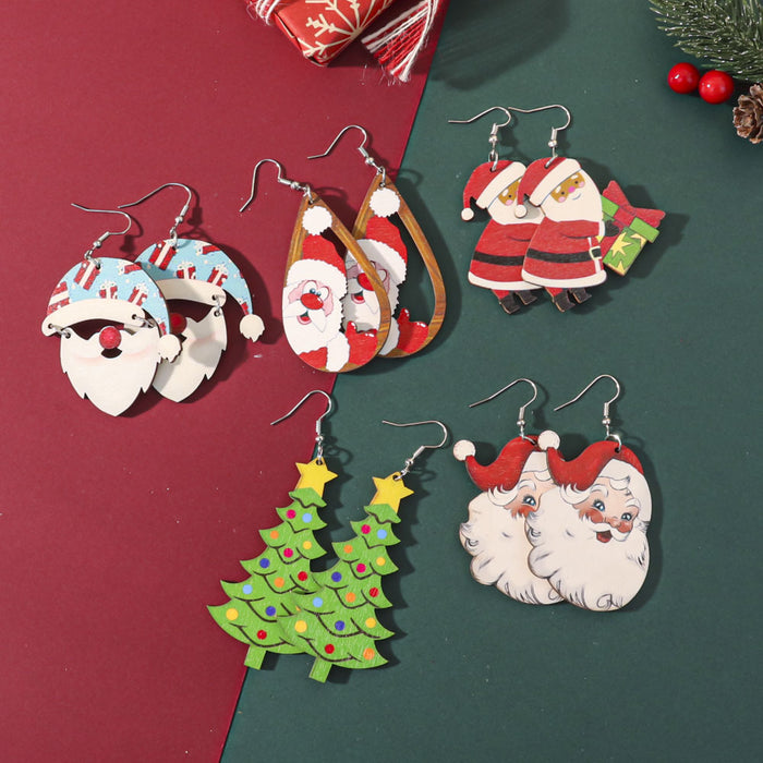 Wholesale Cartoon Christmas element printed wooden earrings for women Christmas tree earrings