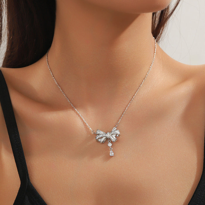Wholesale Necklace, bow, square diamond, water droplet hollow out, full of diamonds, simple and niche design, collarbone chain