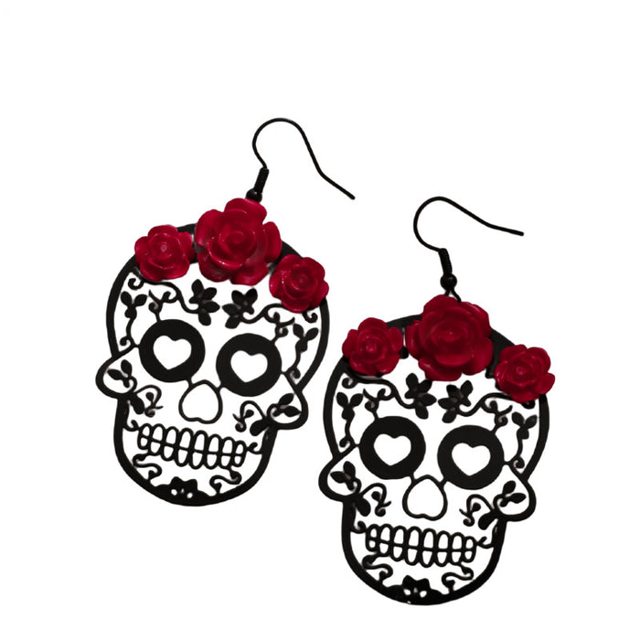 Wholesale Halloween Dark Gothic Style Rose Hollow Love Skull Alloy Earrings JDC-ES-JunJie001