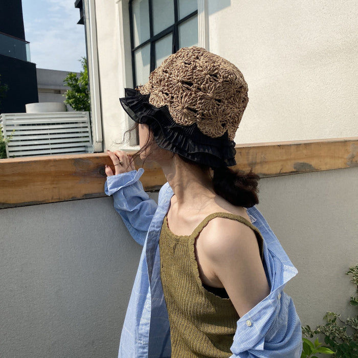 Wholesale Hollow woven lace edged straw hat versatile fisherman hat
