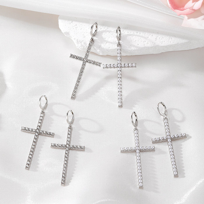 Wholesale cross earrings women's diamond imitation pearl earrings