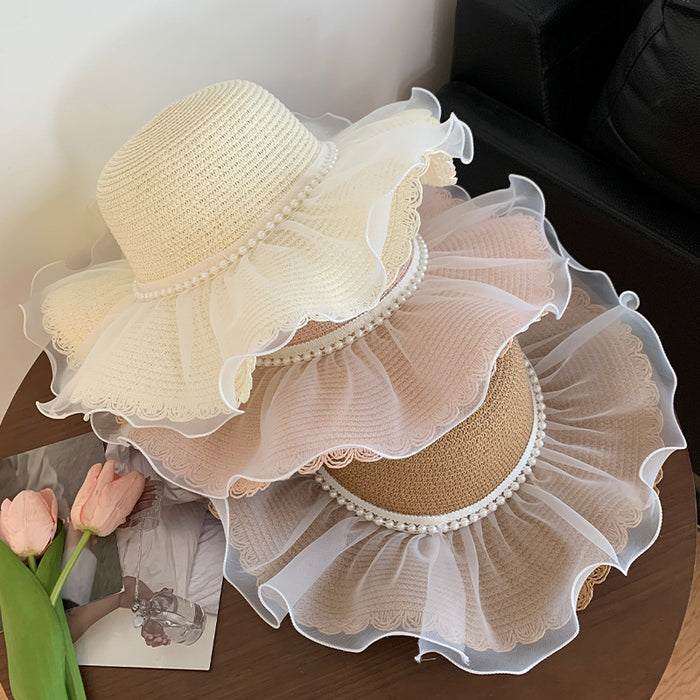 Wholesale Lace straw hat with large brim, outdoor UV resistant straw woven sun hat