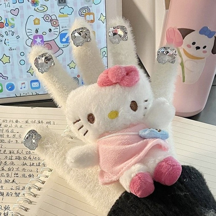 Wholesale Cute Cat Diamond Gloves Girls Winter Warm  Rhinestone Cycling Plush Wear Gloves