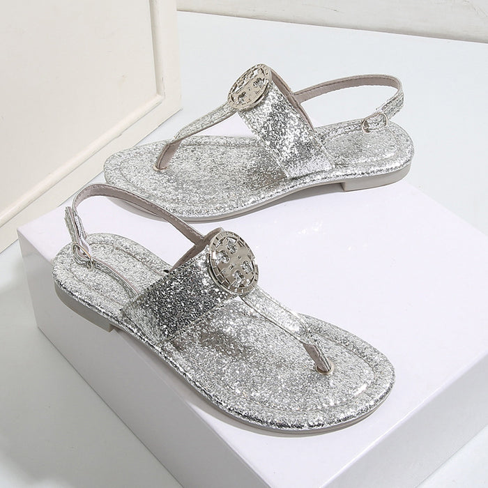 Wholesale Crystal Sequin Simple Low Heel Flat Large Size Sandals JDC-SD-ChengMei001