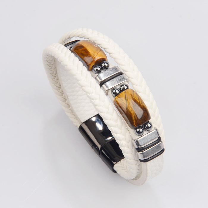 Wholesale tiger eye stone leather bracelet stainless steel bracelet multi-layer leather jewelry Amazon men' s bracelet