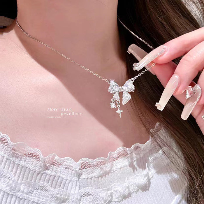 Wholesale Retro necklace with starry zircon bow, niche temperament, high-end feel, simple and luxurious necklace