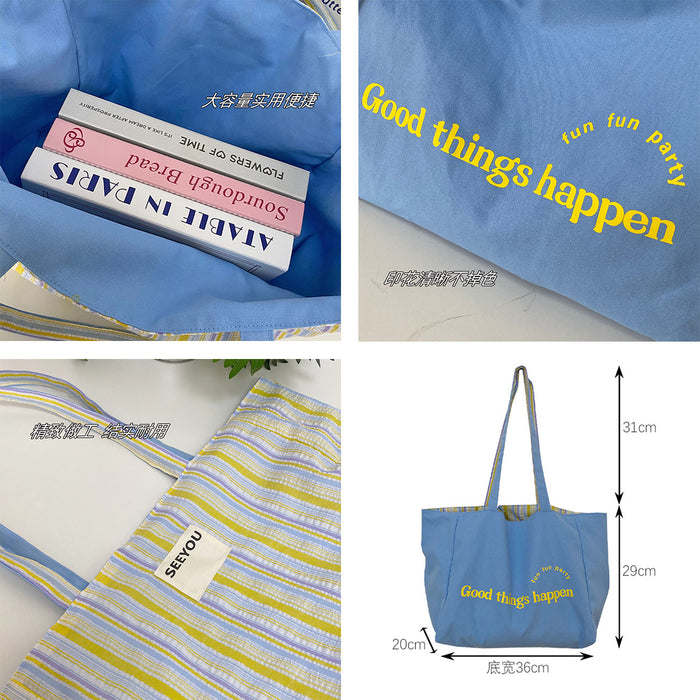 Wholesale New tote bag with striped contrasting double-sided bag, large capacity canvas bag for class commuting
