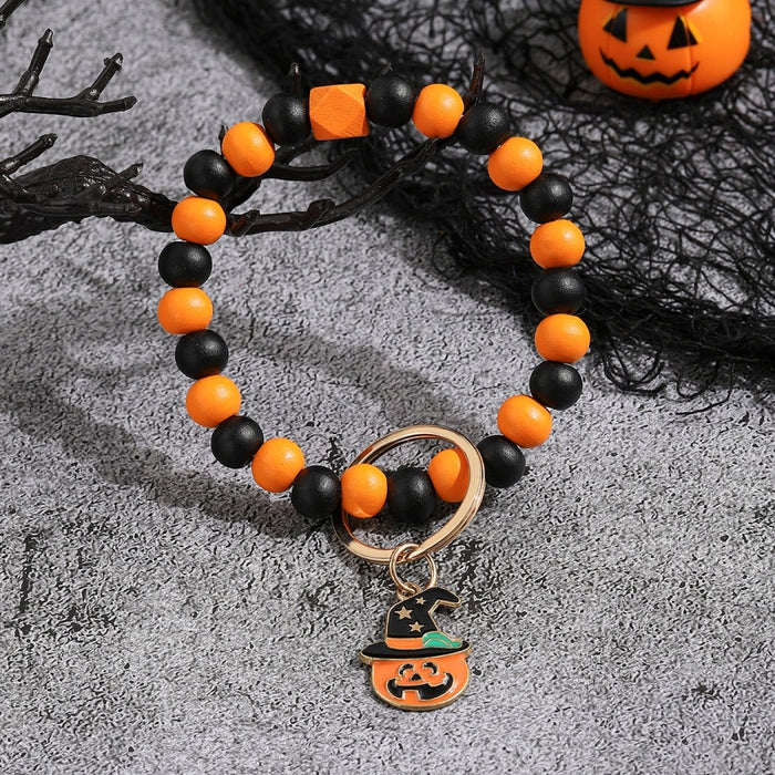 Wholesale Halloween Day Bracelet Halloween Pumpkin Wooden Beaded Keychain JDC-KC-RongRui030