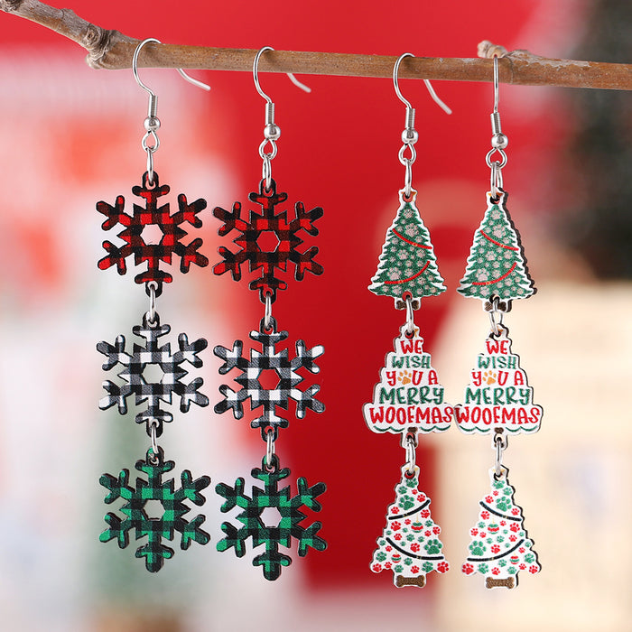 Wholesale Christmas Color Dog Claw Christmas Tree Plaid Snowflake Triple Pendant Earrings Wooden Double-sided Earrings