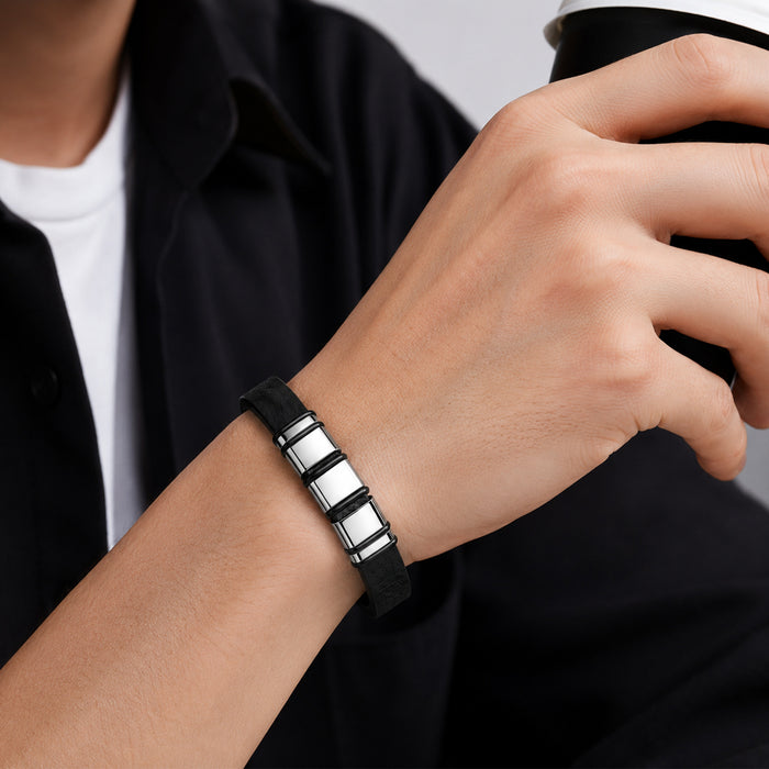 Wholesale Men' s Stainless Steel Bamboo Leather Bracelet Accessory