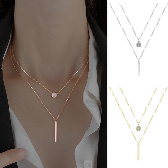 Wholesale geometric long flash diamond round double-layer necklace Diamond clavicle chain