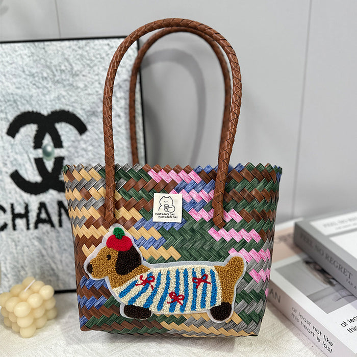 Wholesale Dachshund Striped Straw Bag Retro Woven Vegetable Basket Small Square Bag Commuter Tote Bag Shoulder Bag Cross-Border