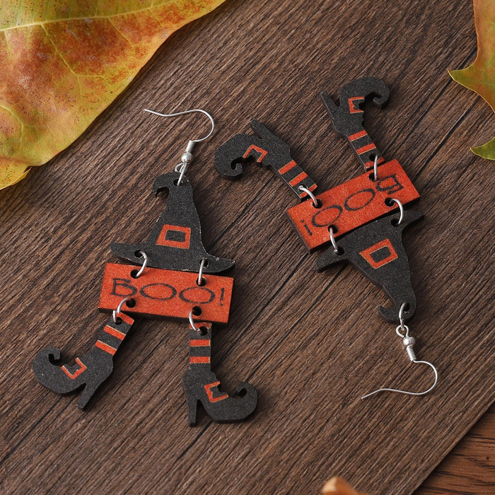 Wholesale  Gothic Wind Witch Hat Boots Triple ing Pendant Wooden Double-sided Earrings