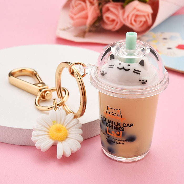 Wholesale Quicksand Cat Bubble Tea Keychain