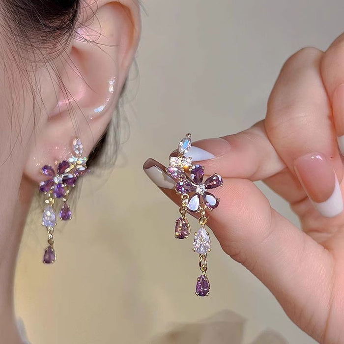 Wholesale Purple zircon flower pendant earrings, new niche design, fashionable earrings