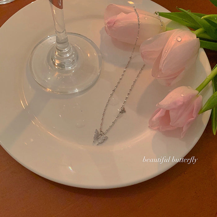 Wholesale Sparkling diamond butterfly necklace with niche design, light luxury butterfly collarbone chain, micro inlaid zircon collarbone chain