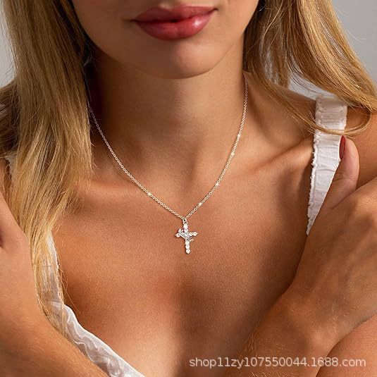 Wholesale Cross full diamond necklace electroplated crown zircon collarbone chain